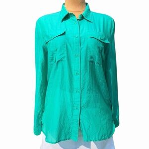 LRL Ralph Lauren Silk Cotton Blouse Sz XL Green Semi-Sheer Button Up Top Pockets